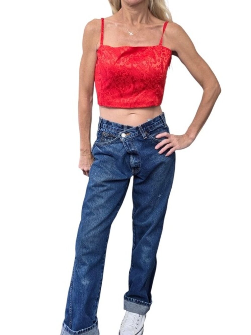 Sugar Thrillz Red Satin Corset Crop Top Lace Jacquard Bustier M - Picture 3 of 7